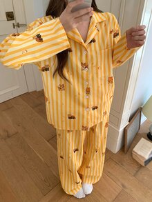 DAZY Women's Cartoon Animal Striped Single-Breasted Top And Long Pants Pajama Set - Yellow - View 13