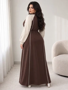 Solavon Plus Size Women's Colorblock Long Sleeve Casual Loose Fit Dress - Brown - View 2
