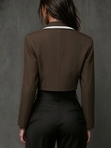 SHEIN Women's Short Blazer Jacket, Versatile Fashion Loose Fit, Suitable For College Style, Female Students, College Students, Autumn/Winter - Khaki - View 2