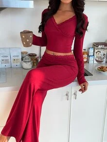 ZzzCrew 2pcs/Set Women's V-Neck Long Sleeve Pajama Set, Ribbed Fabric, Lace Trim, Slim Fit Autumn/Winter Clothing - Burgundy - View 3
