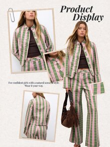 Nöista Women's Striped Button-Front Long Sleeve Casual Denim Jacket - Khaki - View 9