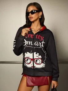 Betty Boop x SHEIN Women's Letter Cartoon Print Casual Daily Sweatshirt - Black - View 5