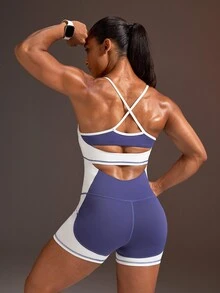 Powerista Women's Navy Blue & White Colorblock Tank Top Shorts Athletic Tight One-Piece Jumpsuit - Navy Blue - View 3
