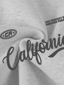 Chillumni Casual Apricot Green Contrast Color Striped California Letter Print Crew Neck Sweatshirt, Contrast Color Webbing Loose Fit Collegiate Sporty Slimming - Multicolor - View 4