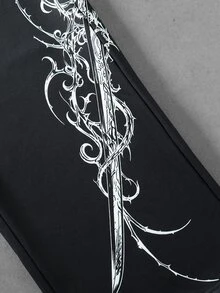 ROMWE MEN Dark Gothic Thorn Print Wide Leg Sweatpants For Men, Niche Subculture Rivet Pocket Drawstring Elastic Waist Floor Length High Street Vintage Loose Drape Flared Pants - Black - View 5