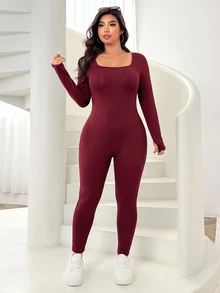 SHEIN EZwear 大尺碼秋冬保暖針織連身褲 - 酒紅色 - 查看 4