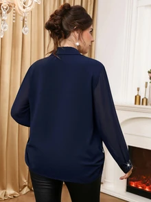 Miaspire Plus Size Women Solid Color Navy Blue Patchwork Sequin Cuff Elegant Blouse Fall Party Office Dinner,Autumn/Winter - Navy Blue - View 3