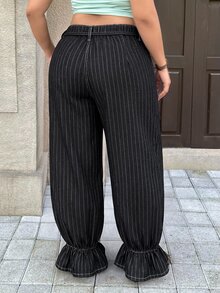 Rivivi Plus Size Women Non-Stretch Denim Cuffed Deep Blue Striped Lantern Pants Cowboy Outfits For Women - Black - View 2