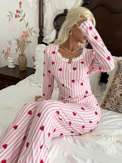 CottageSlumber Pink Striped Heart Home Set, Lace Detail Long Sleeve Flare Pants Sweet Pajamas