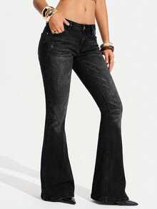 Jeanoix Plus Size Women's Casual Daily Flare Jeans With Pockets And Buttons - Black - View 3