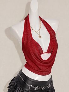 SHEIN ICON 2件組夏季女款亮片露背背心與細肩帶上衣，適合海灘、夏威夷派對、返校日、演唱會與夜店外訪 - 紅色 - 查看 4