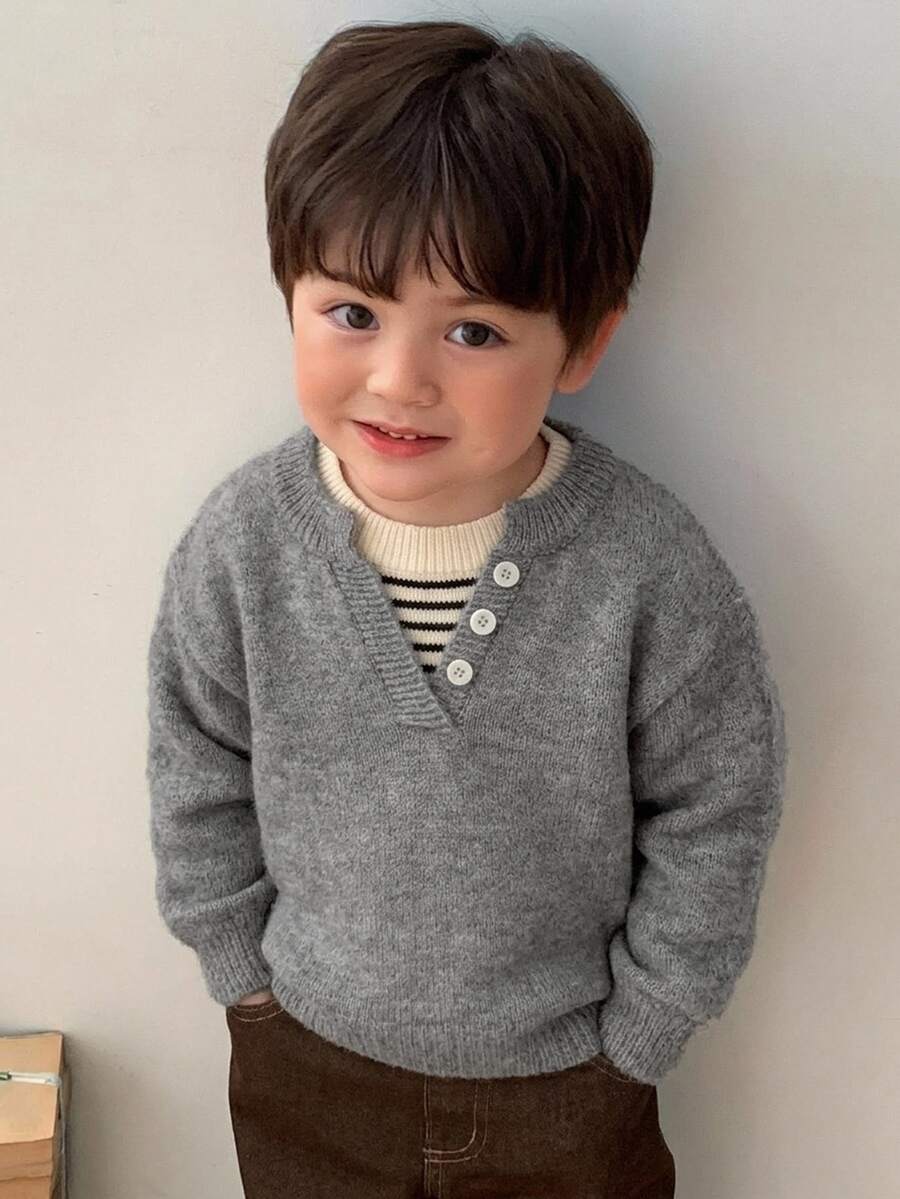 Hapijoa 幼童男童秋冬拼接配色二合一長袖毛衣 - 灰色 - 查看 1