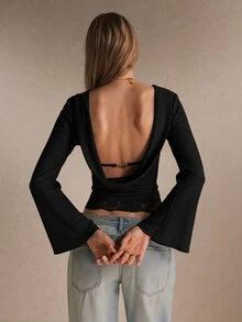 Poéselle Women's Ribbed Backless Top–Slim-Fit Boat-Neck Long-Sleeve Tee With Flared Cuffs, Lace-Trim Hem And Clasp-Strap Open Back Fall/Winter Going Out - Black - View 3