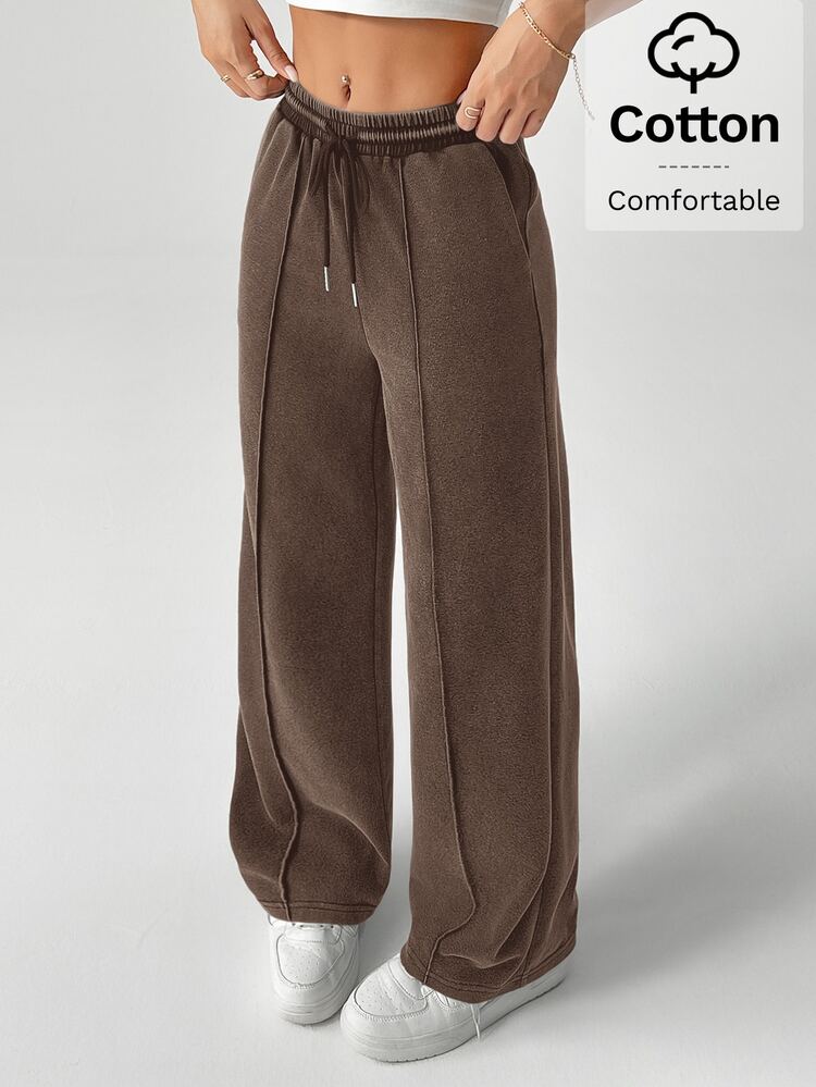 SHEIN PETITE Snow-Washed Women's Drawstring Wide Leg Sweatpants ,Petite Women - Coffee Brown - View 4