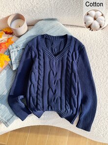SHEIN 秋冬季青少年女孩優雅V領長袖麻花編織針織毛衣套頭衫，保暖舒適柔軟，適合節慶、學校、聖誕聚會 - 藏蓝色 - 查看 6