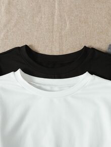 SHEIN 青少年女孩純色黑白針織收腰對比蕾絲二合一長袖T恤2件套，返校穿搭，2包裝 - 黑與白 - 查看 4