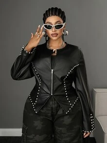 Maweii Plus Size Women's Autumn/Winter Black Rivet Short Leather Jacket, Stand Collar Front Zipper Split Long Sleeve Cinched Waist Slim Fit Sexy Short Leather Coat - Black - View 4