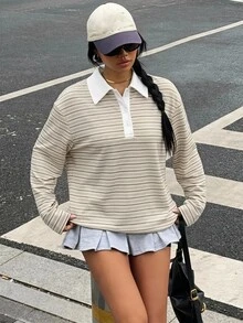 Muchica 95%棉 全寬大學風淺色條紋印花 Polo 領女款 T 恤，適合秋冬穿著 - 彩色 - 查看 2