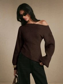 Poéselle 女款優雅羅紋提花不對稱下擺保暖毛衣，秋冬針織上衣，適合上班、約會、度假、派對與節日穿搭 - 棕色 - 查看 4