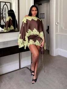 SHEIN SXY 女款撞色蕾絲不對稱肩蝙蝠袖上衣與緊身裙時尚優雅兩件套，適合早午餐、茶會，棕色 - 彩色 - 查看 3
