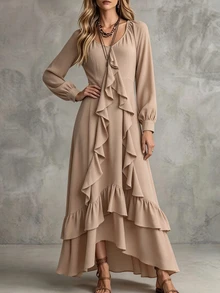 SHEIN PariChic Women's Elegant Fashion Ruffle Trim Dress - Apricot - View 4