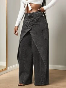 Slaydiva Women's Asymmetric Design Wide Leg Curved Hem Casual Denim Jeans - Blue - View 3