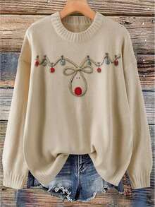 SHEIN LUNE Plus Size Christmas Vintage Reindeer Light String Knitted Top, Cute, Everyday Retro High-End Loose Fit Slouchy Casual Festive Reindeer Design Sweater - Apricot - View 1