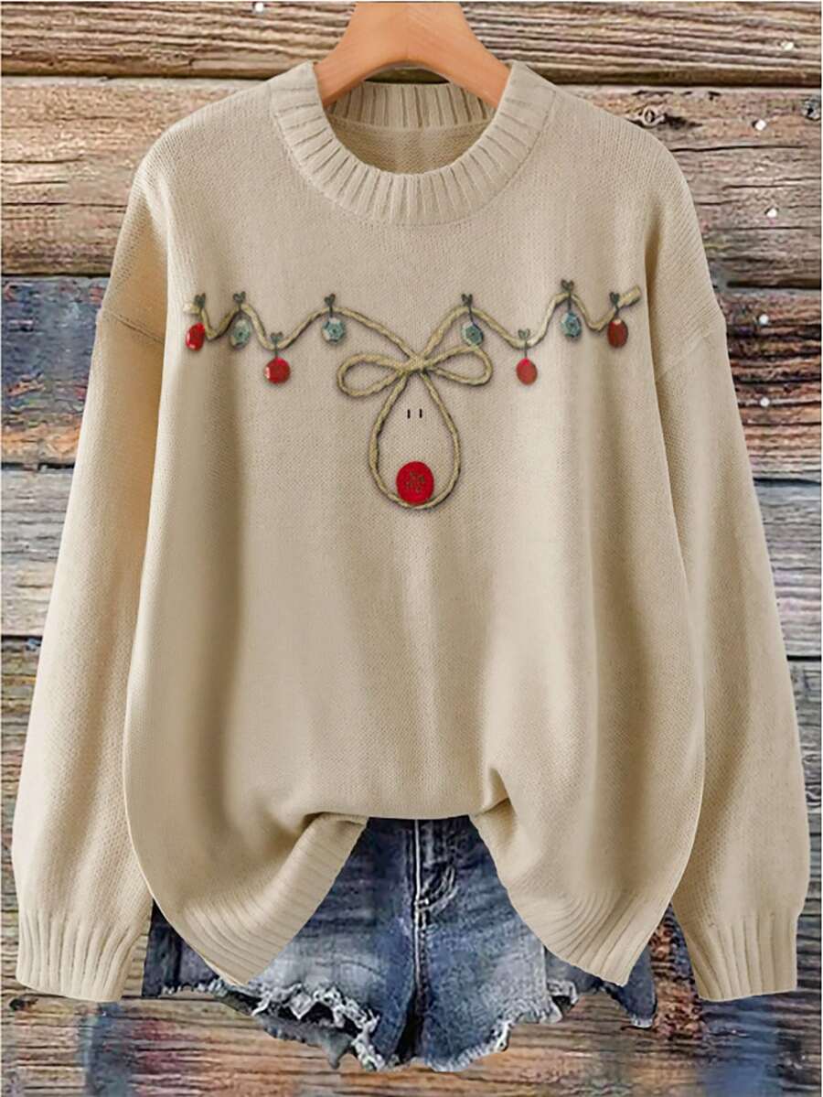 SHEIN LUNE Plus Size Christmas Vintage Reindeer Light String Knitted Top, Cute, Everyday Retro High-End Loose Fit Slouchy Casual Festive Reindeer Design Sweater - Apricot - View 1
