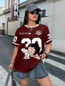 Betty Boop x SHEIN Plus Size Women's Digital Cartoon Print Round Neck Short Sleeve Casual T-Shirt - White - View 8