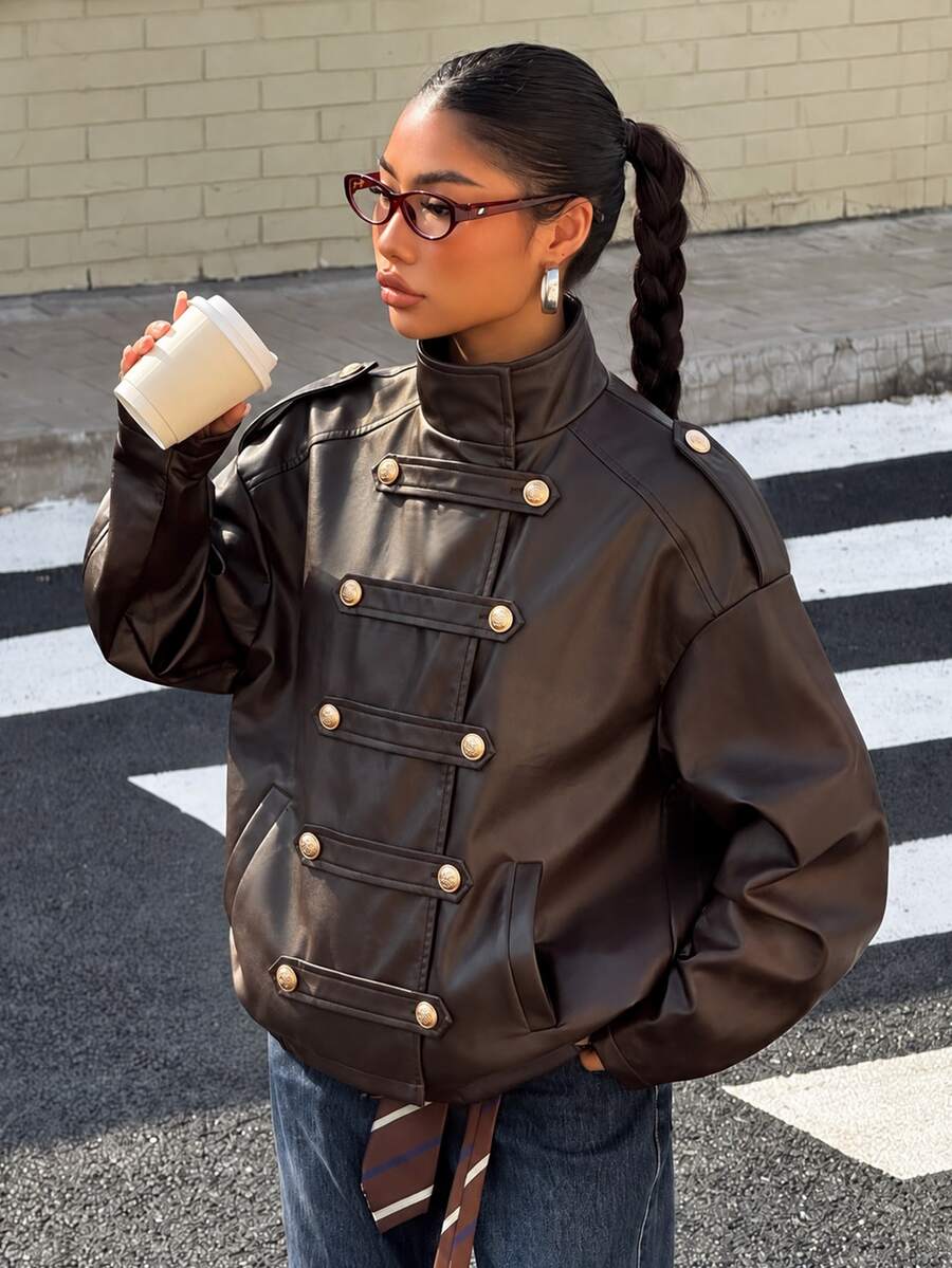 SHEIN Women's Autumn/Winter Lapel Double-Breasted Design Loose Fit PU Leather Casual Jacket, Suitable For Daily Wear And Party Occasions - Brown - View 1
