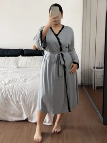 Napfluff CURVE Napfluff CURVE Plus Size Women Polka Dot Print Lace Patchwork Camisole Nightgown And Robe Set - Light Grey - View 5