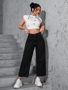 SHEIN PETITE Women's Loose Straight Leg Wide Leg Slimming Light Color All Season Cropped Jeans - Black - View 6