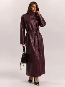 SHEIN BAE Women's Solid Color PU Leather Casual Versatile Trench Coat Jacket - Burgundy - View 4
