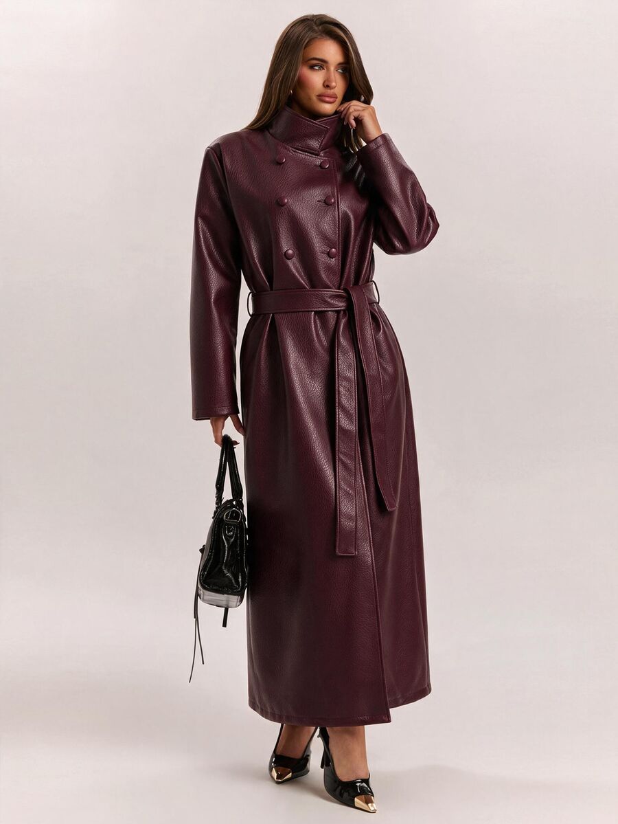 SHEIN BAE Women's Solid Color PU Leather Casual Versatile Trench Coat Jacket - Burgundy - View 1