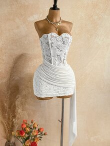 Soleia 女款性感度假無肩帶蕾絲紋理垂墜網紗抓皺胸衣迷你洋裝，適合海灘、郵輪、公路旅行、城市、約會、下午茶、波希米亞風、島嶼、夏季、音樂節、日常通勤、婚禮季、派對、嘉年華 - 杏色 - 查看 5