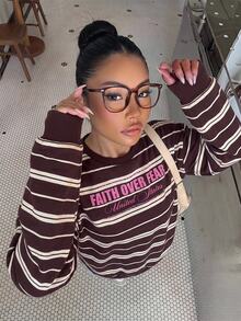 Muchica Women's Casual Crew Neck Sweatshirt, Striped Sweatshirt - White - View 4