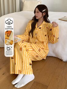 DAZY Women's Cartoon Animal Striped Single-Breasted Top And Long Pants Pajama Set - Yellow - View 5