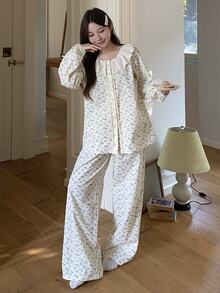 DAZY Women's Ditsy Floral Long Sleeve Single-Breasted Top And Pants Loungewear Set - Beige - View 7