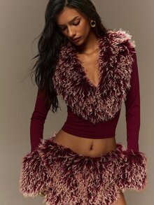 TypaGal Fall Winter Y2k Halloween Christmas Sexy Going Out Luxury Formal Rave Club Vacation Red Women's Vintage Street Style Faux Fur Patchwork Top - Burgundy - View 5