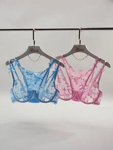 Crystal Vow Women's Floral Embroidered Mesh Fashion Lingerie Set, 4pcs - Pink - View 8