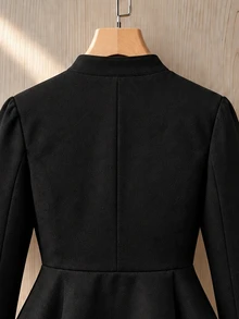 GlowEve CURVE Plus Size French Style Gold Button Cinched Waist Ruffle Hem Jacket Winter Outfit Fall - Black - View 5
