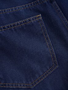 SHEIN ICON 大尺碼女款休閒百搭牛仔長褲，附口袋與鈕扣，世界盃、日、海灘、Y2K、返校季，深色水洗夏季日常穿著 - 深色水洗藍 - 查看 3