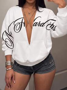 Slaydiva Women's Letter Print Deep V-Neck Casual Daily Long Sleeve Sweatshirt - Multicolor - View 5