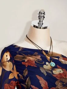 SHEIN ICON 大尺碼 Y2K 楓葉印花網紗長袖洋裝，復古休閒修身連身裙，適合春秋穿著 - 藏蓝色 - 查看 9