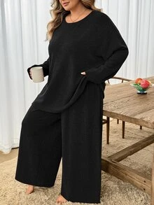 SHEIN CURVE+ 大尺碼女款秋季休閒純色巧克力棕色冬季曲線居家服兩件套秋季 - 黑色 - 查看 3