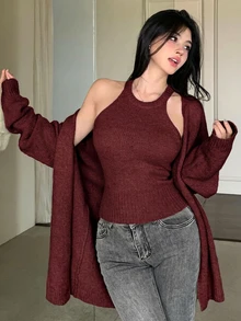 DAZY 2件組女款純色細肩帶背心開襟針織衫套裝，秋季 - 酒紅色 - 查看 4