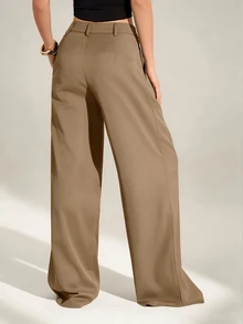 SHEIN Tall Old Money 風格女款高腰百褶寬腿褲，黑色冬季端莊商務休閒辦公穿搭，優雅純色寬鬆修身西裝長褲，適合高個女性 - 駝色 - 查看 2