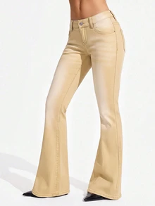 Jeanoix Women's Casual Daily Denim Flare Leg Pants With Pockets And Buttons - Khaki - View 7