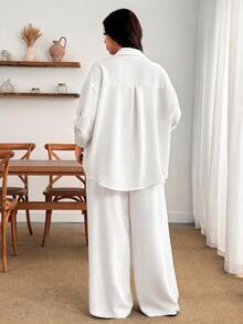 Enliva 大尺碼女款棕色亞麻兩件套 3/4 袖鈕扣襯衫寬腿褲休閒商務休閒套裝居家早午餐夏季穿搭 - 白色 - 查看 2