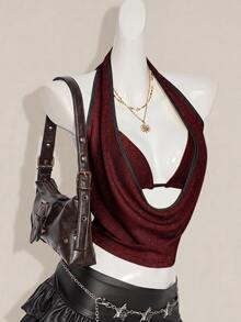 SHEIN ICON 2件組夏季女款亮片露背背心與細肩帶背心，適合海灘、夏威夷派對、返校日、演唱會、夜店外訪 - 酒紅色 - 查看 7